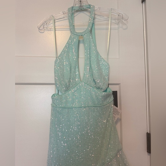 Ieena for Mac Duggal A11274 Elegant Aqua Halter Dress - Picture 5 of 11